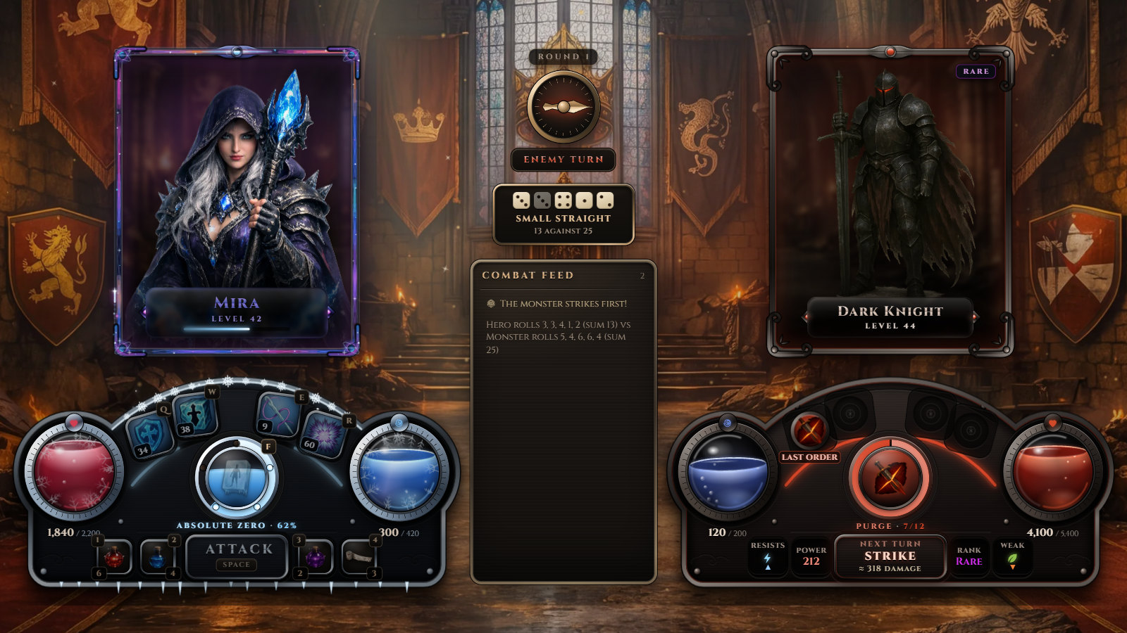 A battle on the board: Mira in a Cosmic frame faces a Dark Knight in a castle hall. Five dice have been thrown, the knight's next move is shown under him, and her ultimate is filling.