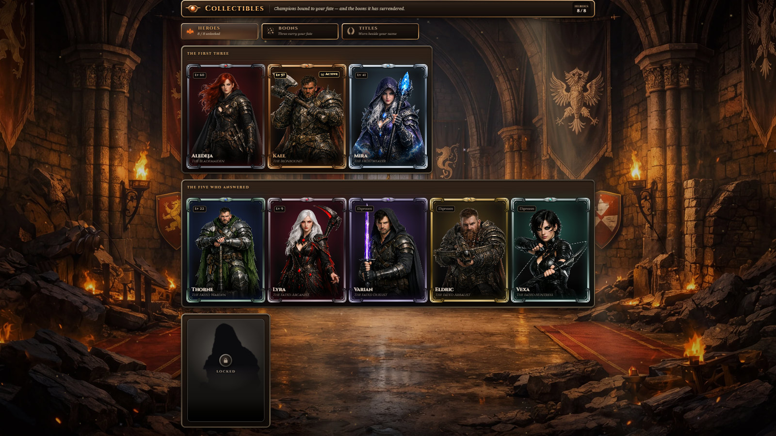 The champions: the three who stood first and the five who answered, each in a frame of their own, and below them one more place, a dark shape behind a lock.