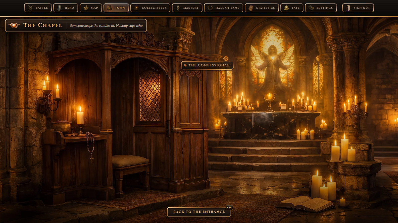 The chapel: a wooden confessional with a lit grille, an altar of candles under a stained-glass window, an open book on the floor.