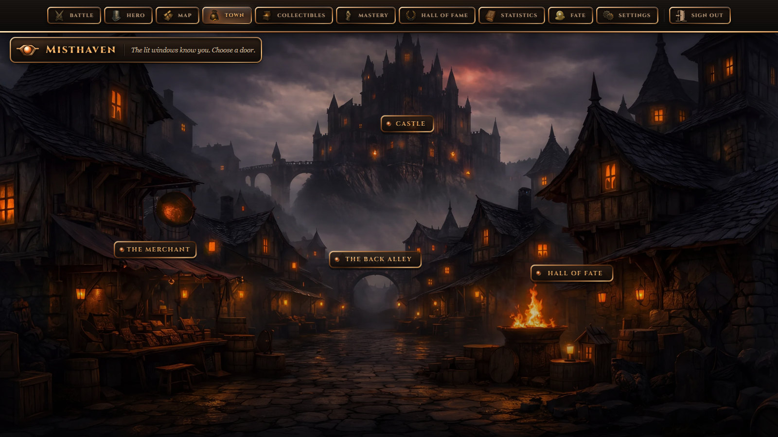 Misthaven at night: shuttered houses under mist, lit windows, a castle on the rock above the street, and the doors of the town marked: the Merchant, the Back Alley, the Hall of Fate.