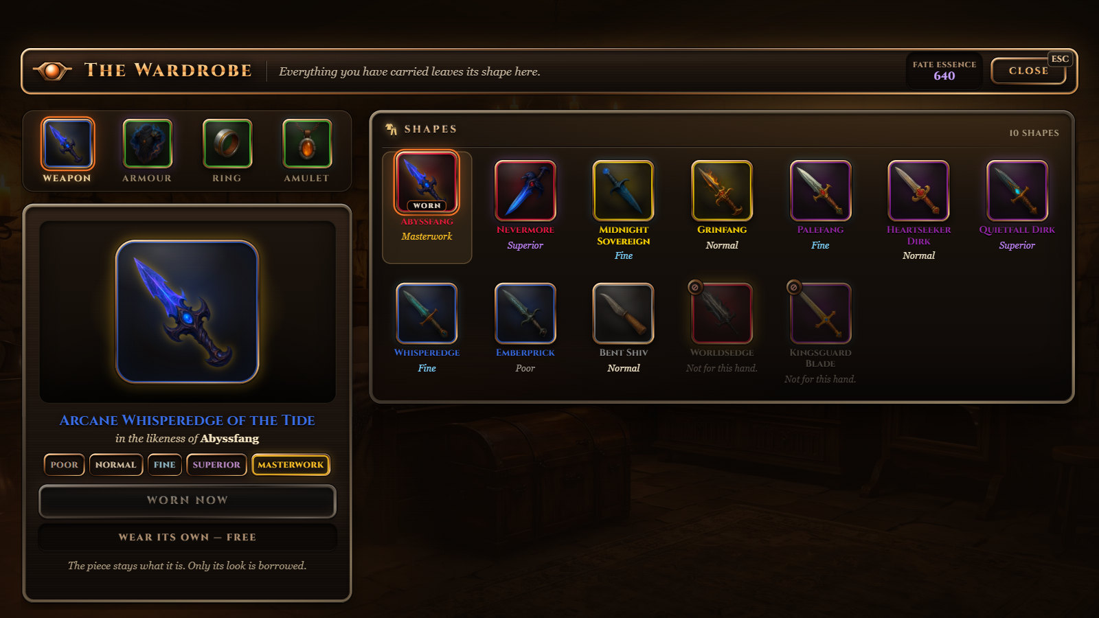 The Wardrobe: a dagger worn in the shape of another, beside every shape its owner has carried, from Poor to Masterwork.